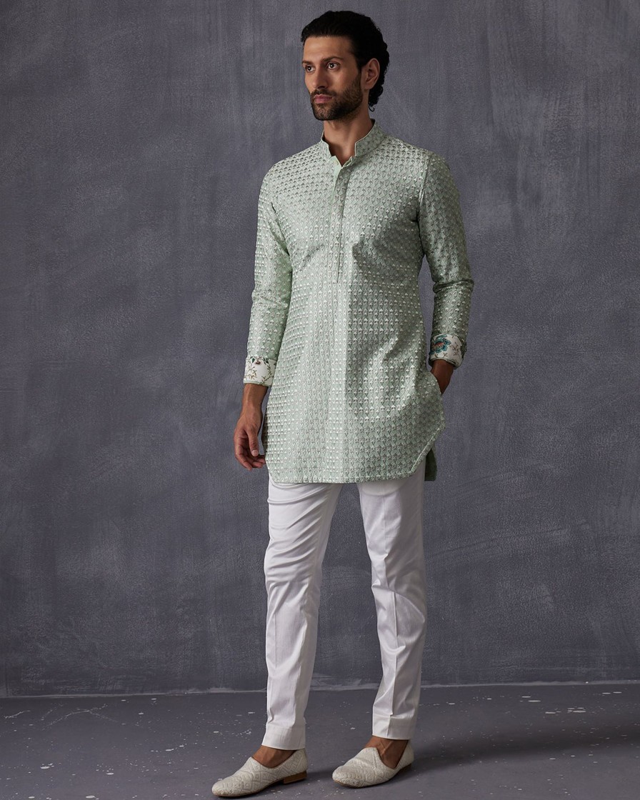 Mens Arjan Dugal | Sage Green Embroidered Kurta Set