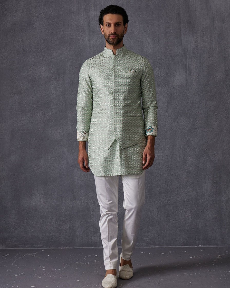 Mens Arjan Dugal | Sage Green Embroidered Kurta Set