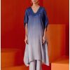 Womens Devnaagri | Blue Ombre Mirror Embroidered Kaftan Set