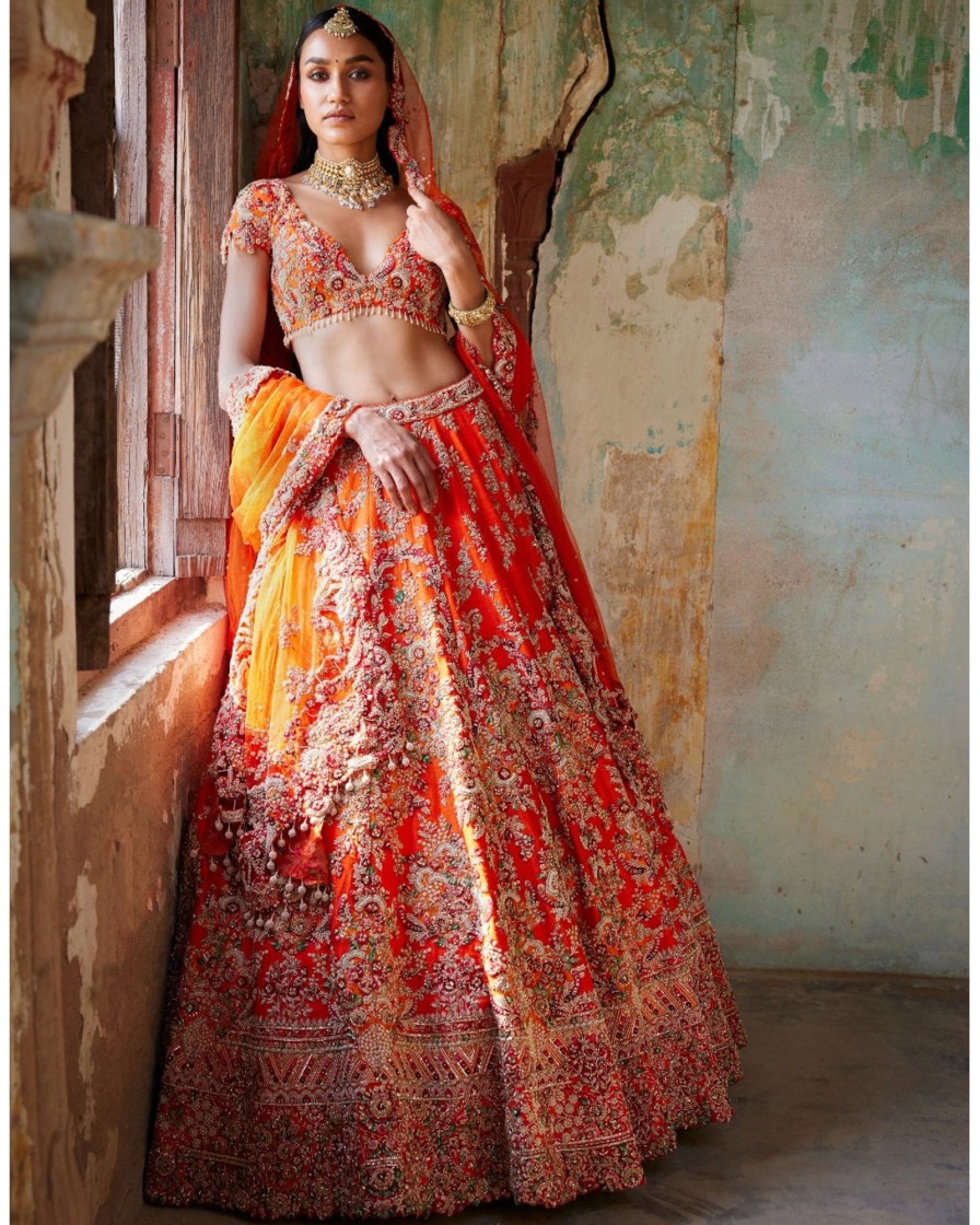 Womens Dolly J | Juno Sunset Orange Raw Silk Bridal Lehenga Set