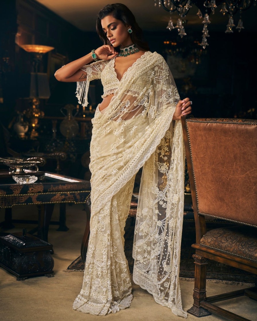 Womens Seema Gujral | Ivory Three-Dimensional Sari Set