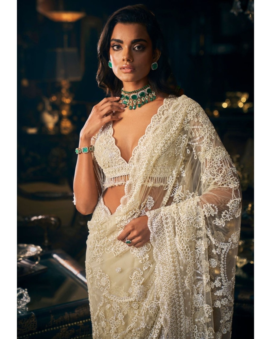 Womens Seema Gujral | Ivory Three-Dimensional Sari Set