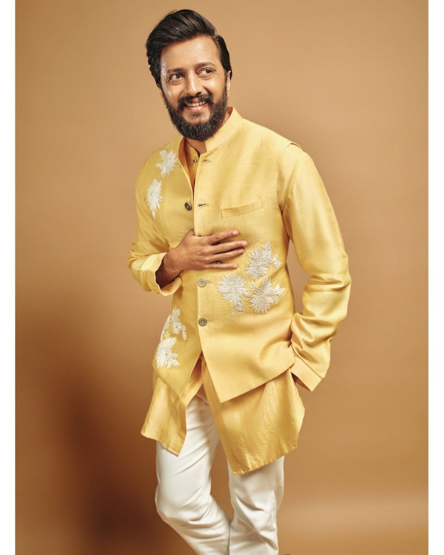 Mens Devnaagri Mens | Mango Yellow Kurta With Embroidered Bandi Set