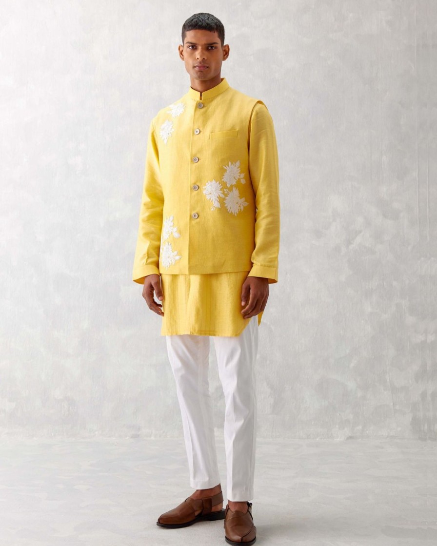 Mens Devnaagri Mens | Mango Yellow Kurta With Embroidered Bandi Set