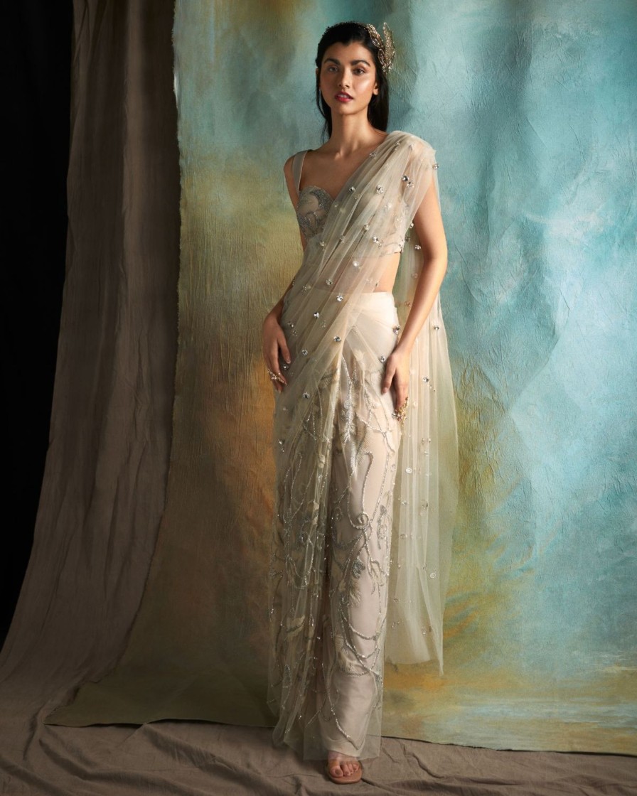 Bridal Esha Sethi Thirani | Champagne Tulle Embroidered Sari Set