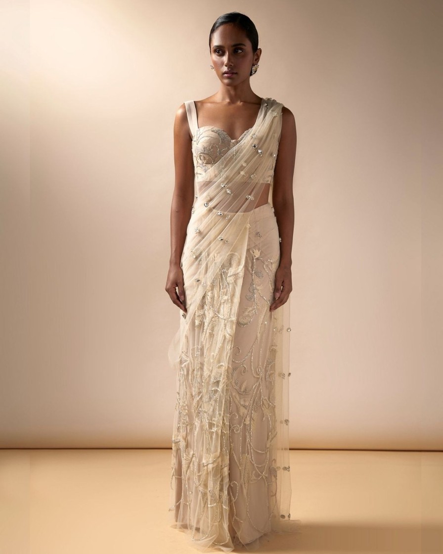 Bridal Esha Sethi Thirani | Champagne Tulle Embroidered Sari Set