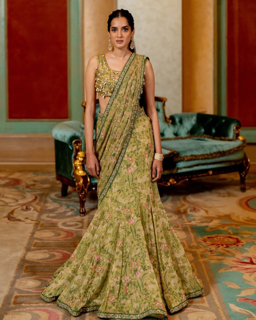 Womens Paulmi u0026 Harsh | Sage Green Wild Floral Printed Sari Set