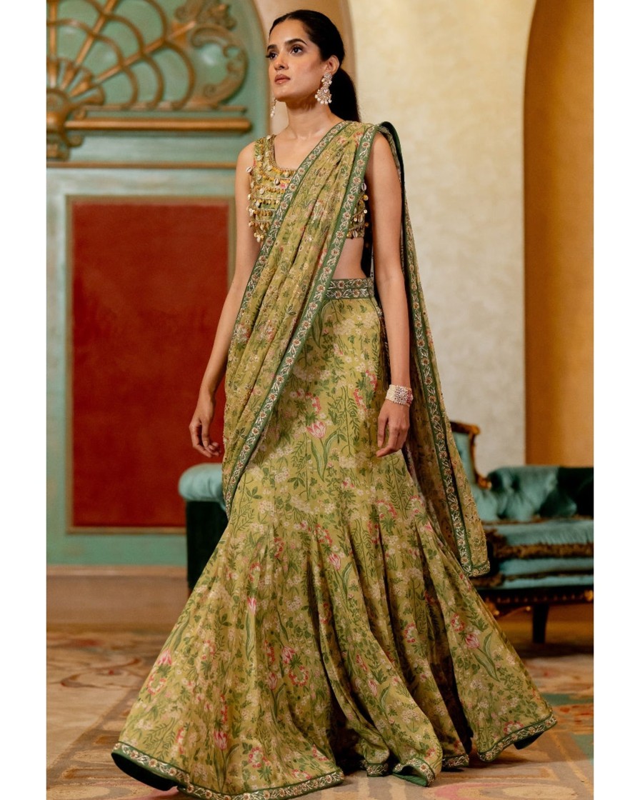 Womens Paulmi u0026 Harsh | Sage Green Wild Floral Printed Sari Set