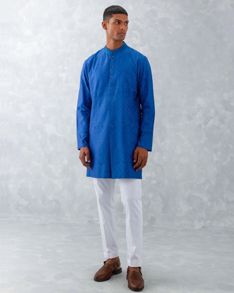 Mens Devnaagri Mens | Blue Ikat Print Chanderi Kurta Set