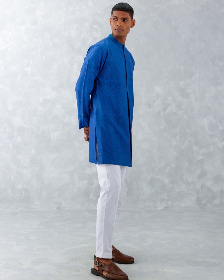 Mens Devnaagri Mens | Blue Ikat Print Chanderi Kurta Set