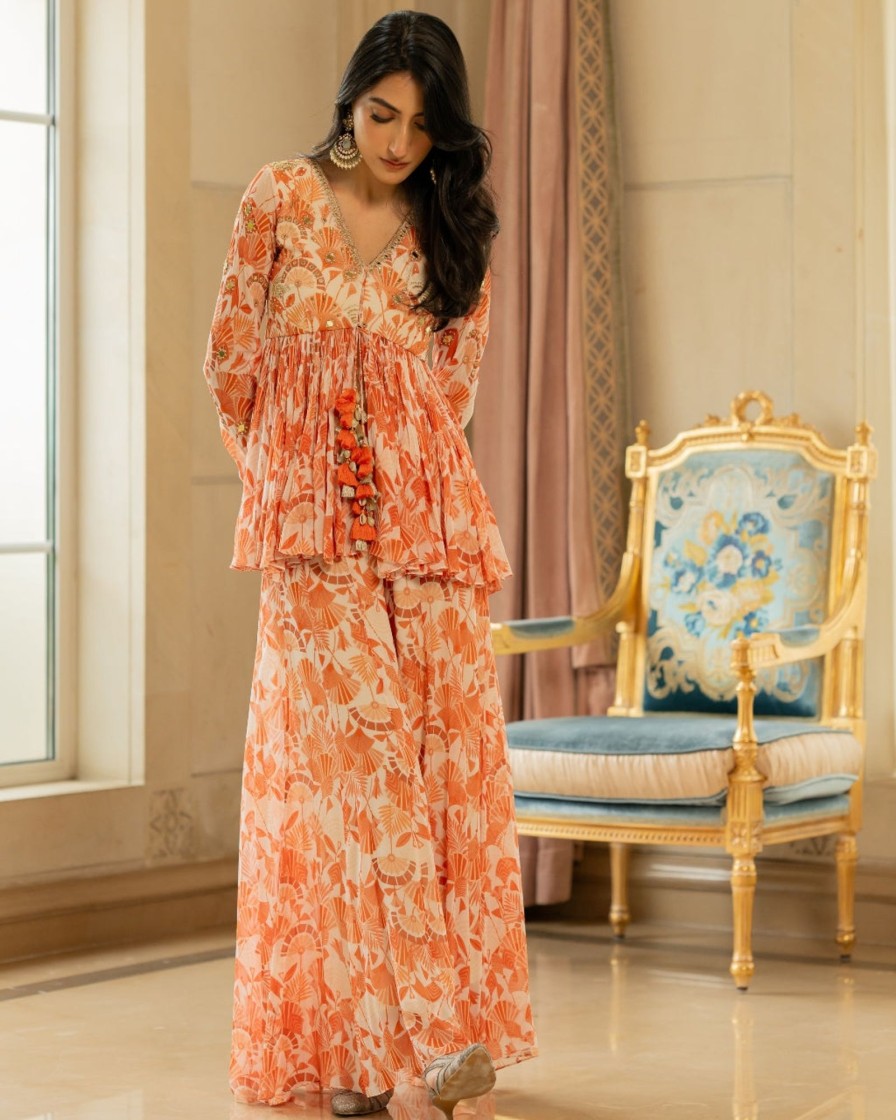 Womens Paulmi u0026 Harsh | Orange Antique Embroidered Peplum Set