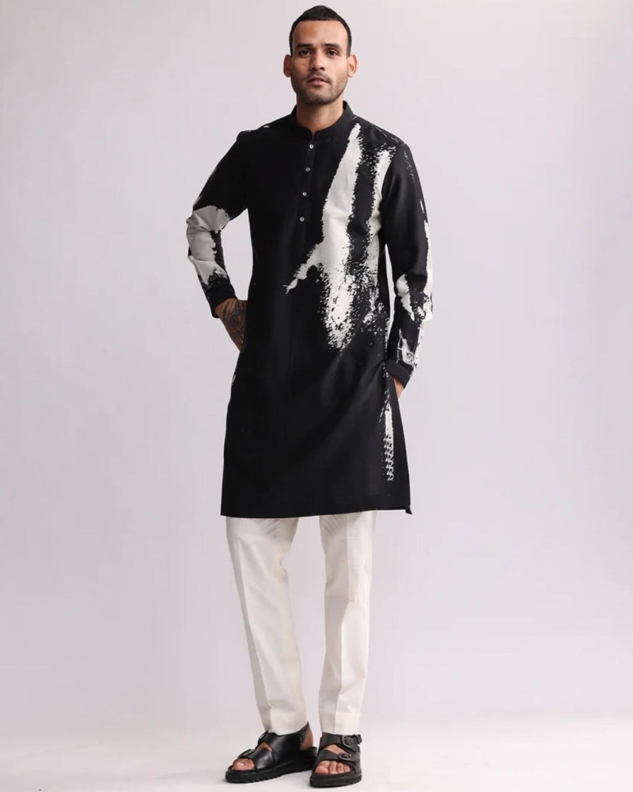 Mens Country Made | Black Shadow Placement Print Kurta Set