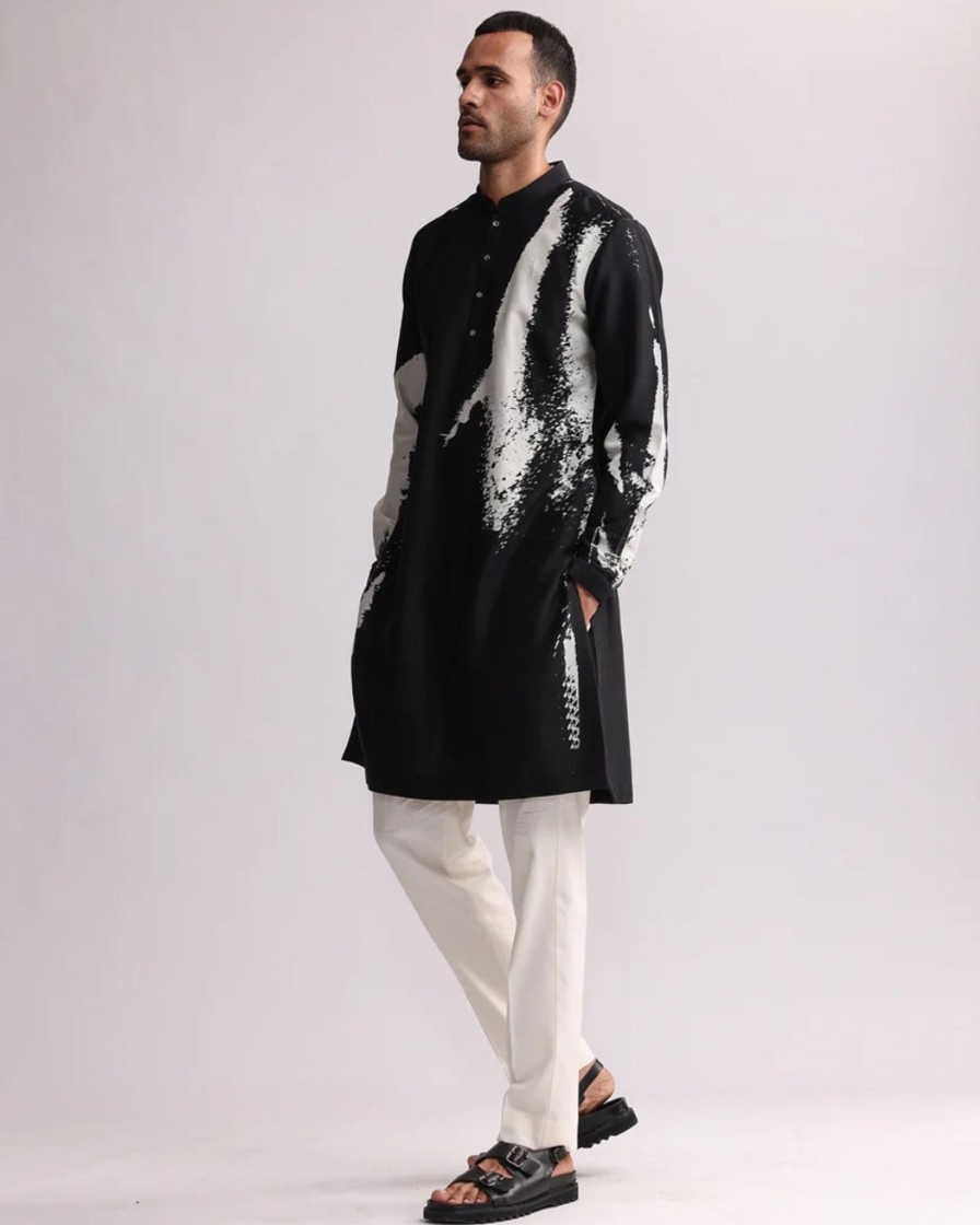 Mens Country Made | Black Shadow Placement Print Kurta Set