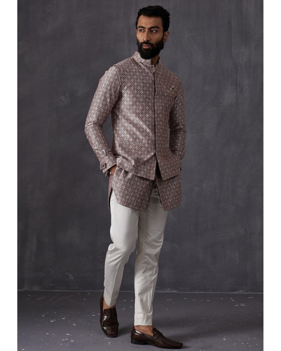 Mens Arjan Dugal | Grey Pink Kairos Embroidery Nehru Jacket Set