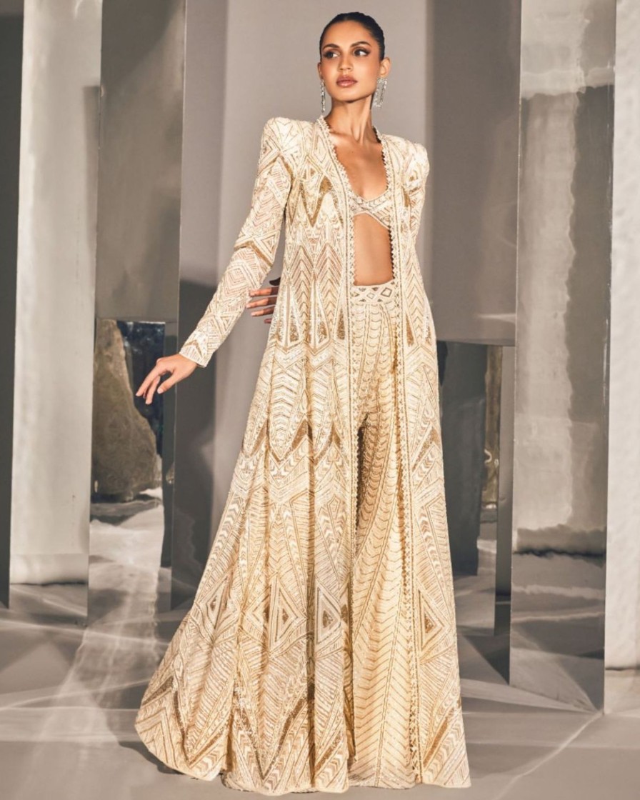 Bridal Ritika Mirchandani | Azra Ivory Gold Jacket And Sharara Set