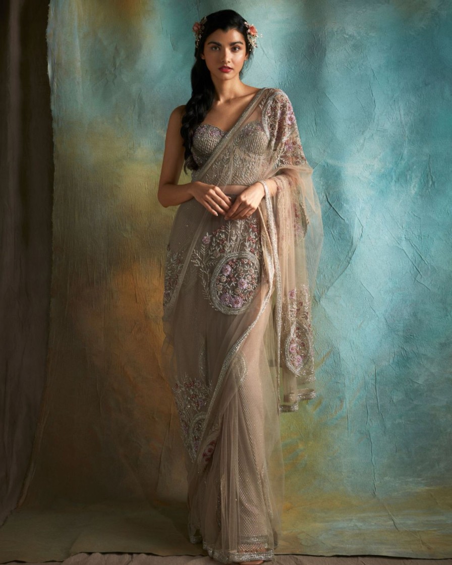 Bridal Esha Sethi Thirani | Nude Tulle Embroidered Sari Set