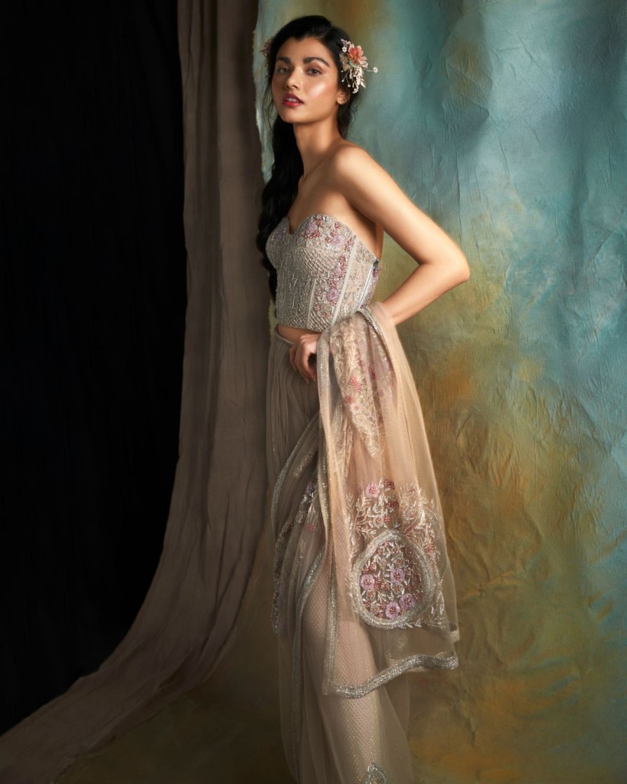 Bridal Esha Sethi Thirani | Nude Tulle Embroidered Sari Set