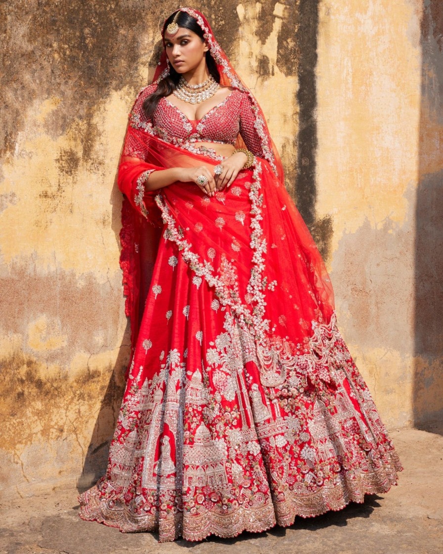 Womens Dolly J | Idalia Red Raw Silk Bridal Lehenga