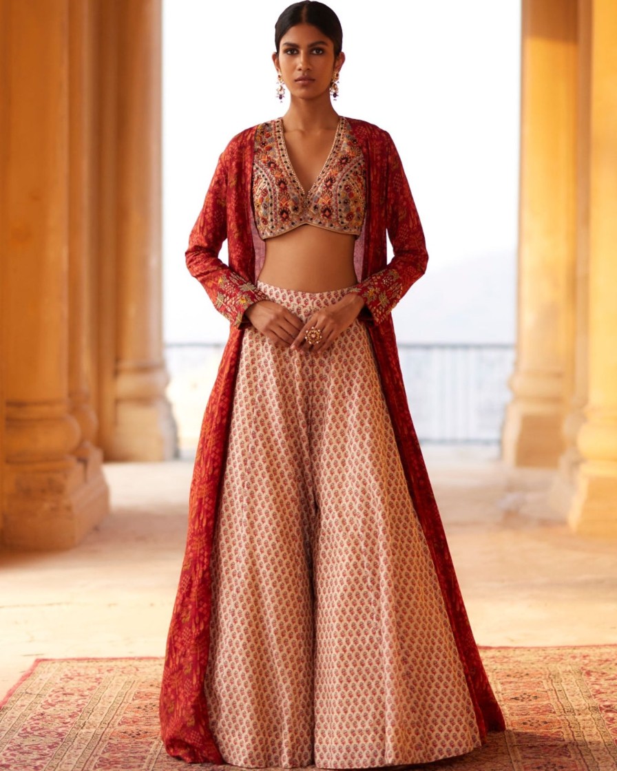 Womens Label Anushree | Beige Embroidered Crop Top Set With Cuff Cape