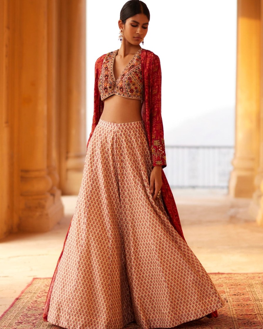 Womens Label Anushree | Beige Embroidered Crop Top Set With Cuff Cape