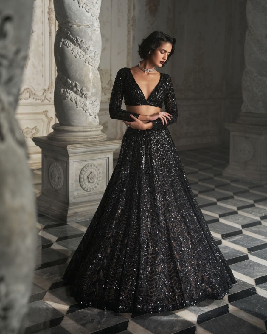 Bridal Seema Gujral | Black Sequin Lehenga Set