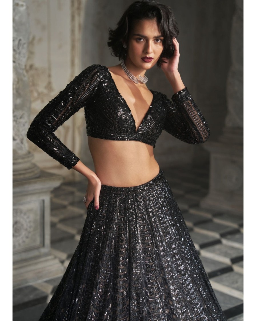 Bridal Seema Gujral | Black Sequin Lehenga Set