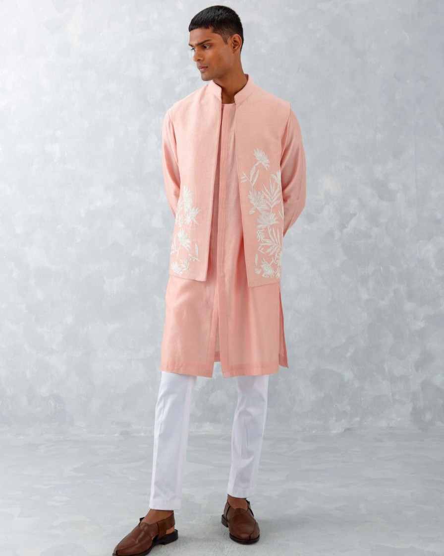 Mens Devnaagri Mens | Blush Pink Kurta With Embroidered Bandi Set