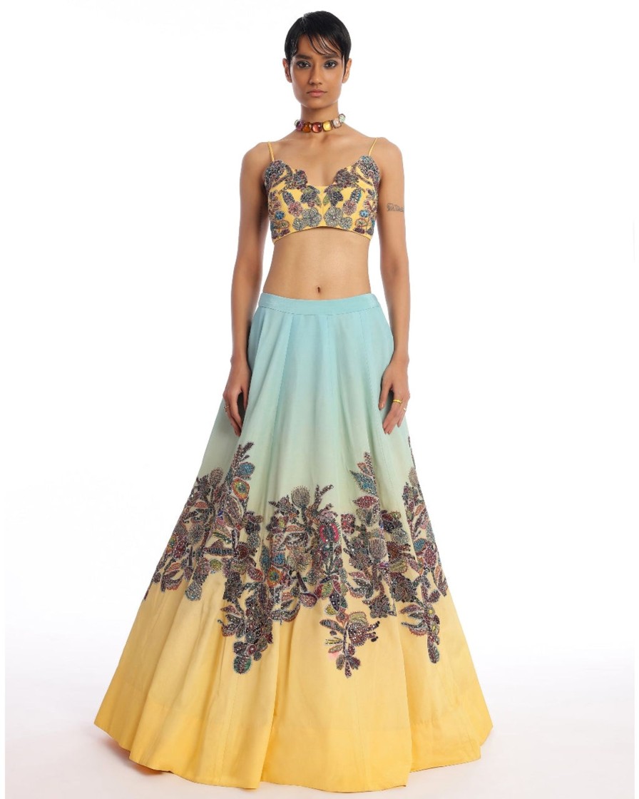 Womens Aisha Rao | Turquoise Yellow Twin Flame Lehenga Set