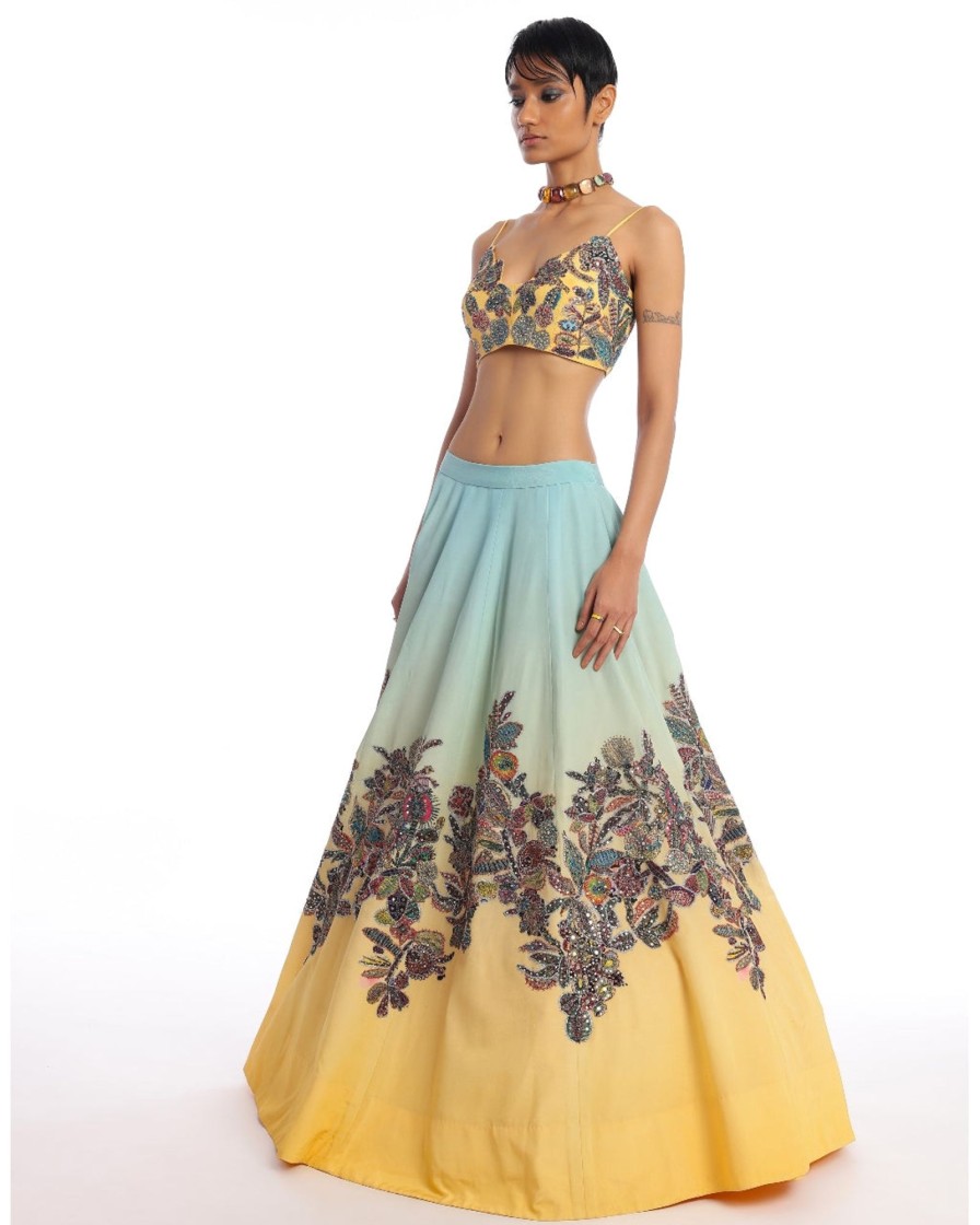 Womens Aisha Rao | Turquoise Yellow Twin Flame Lehenga Set