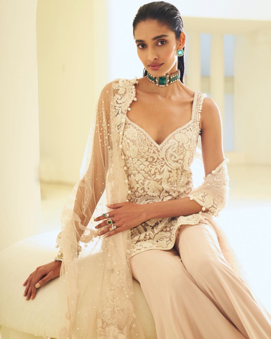 Bridal Seema Gujral | Dusty Pink Pearl Sharara Set