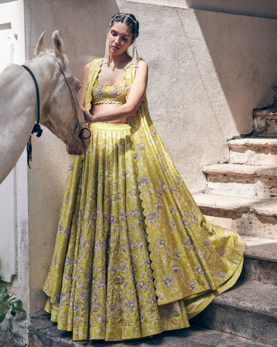 Bridal Paulmi u0026 Harsh | Lime Yellow Vintage Floral Printed And Hand Embroidered Lehenga Set