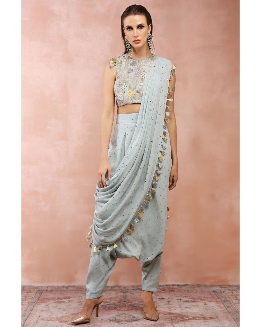 Womens Payal Singhal | Powder Blue Embroidered Low Crotch Pant With Attached Drape