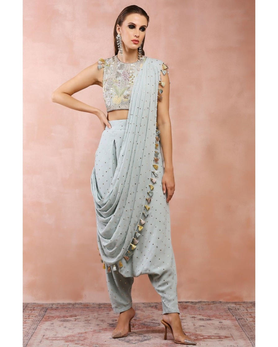 Womens Payal Singhal | Powder Blue Embroidered Low Crotch Pant With Attached Drape