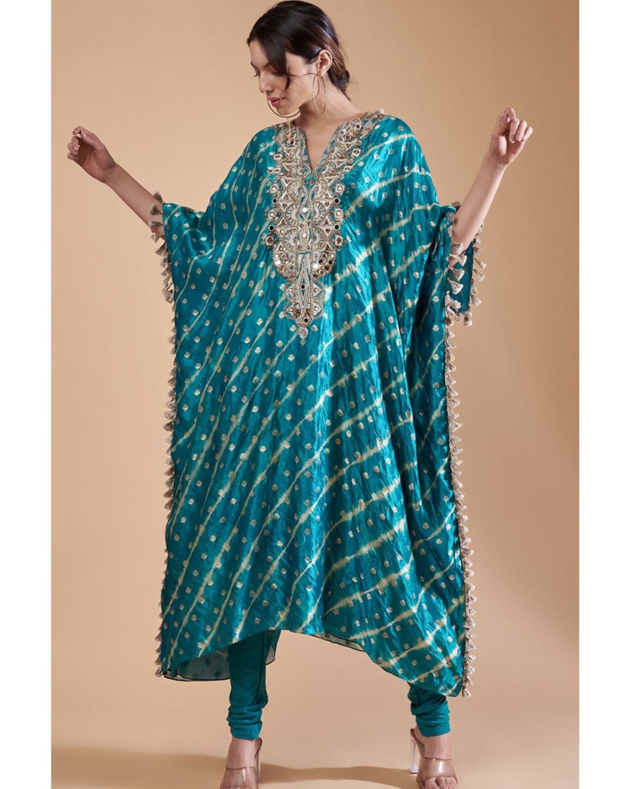 Womens Payal Singhal | Teal Blue Embroidered Yoke Kaftan Set