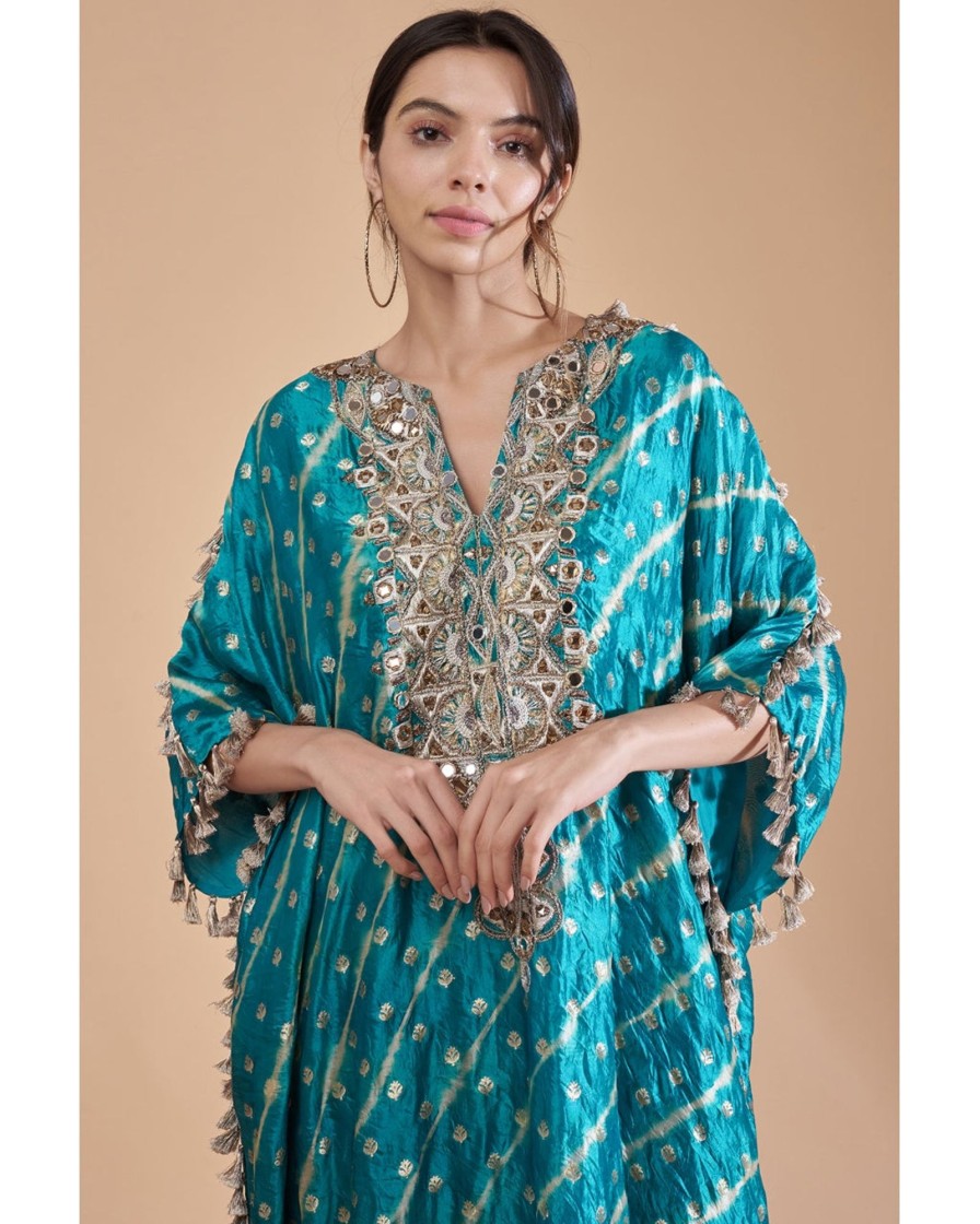 Womens Payal Singhal | Teal Blue Embroidered Yoke Kaftan Set