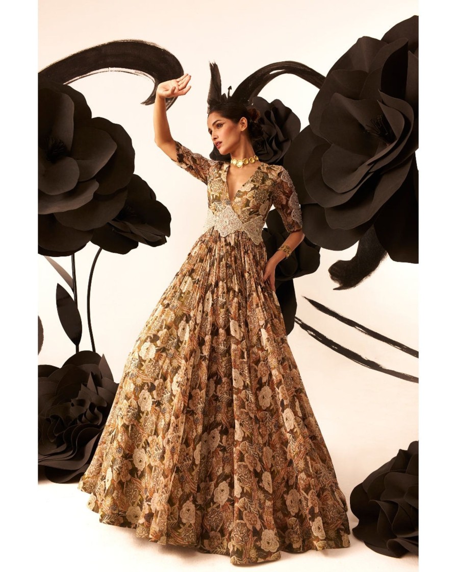 Womens Bhumika Sharma | Abstract Floral Print Belted Anarkali Set