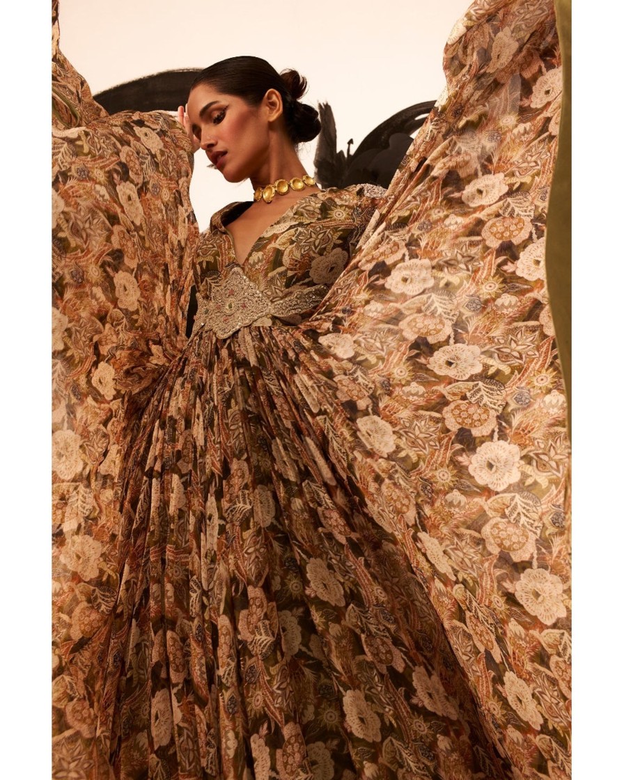 Womens Bhumika Sharma | Abstract Floral Print Belted Anarkali Set