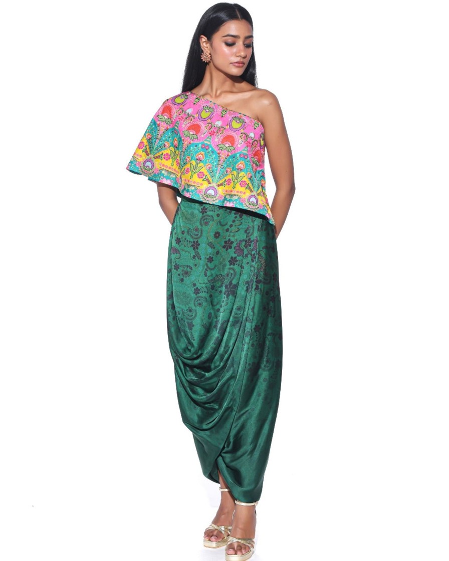 Womens Siddhartha Bansal | Pink And Teal Embroidered One Shoulder Top And Drape Skirt Set