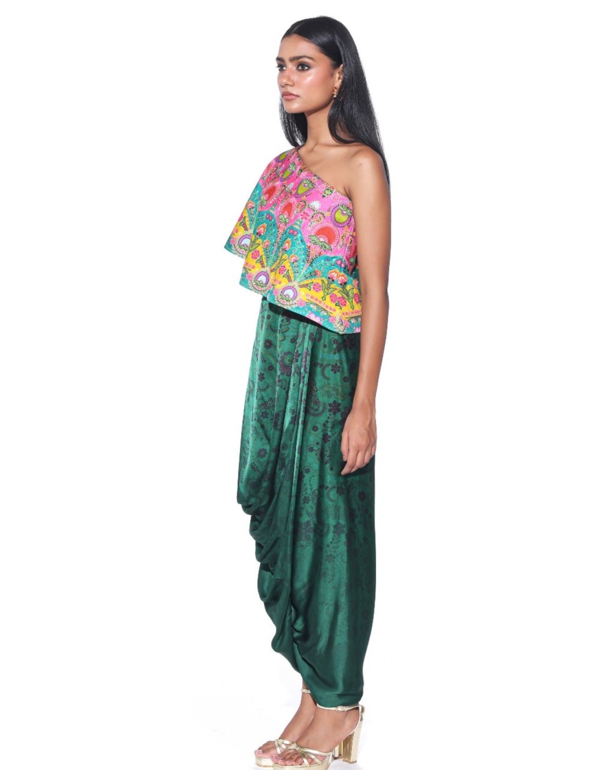 Womens Siddhartha Bansal | Pink And Teal Embroidered One Shoulder Top And Drape Skirt Set