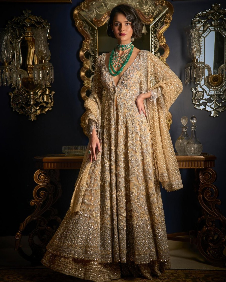 Bridal Seema Gujral | Nude Silver High-Low Sharara Set