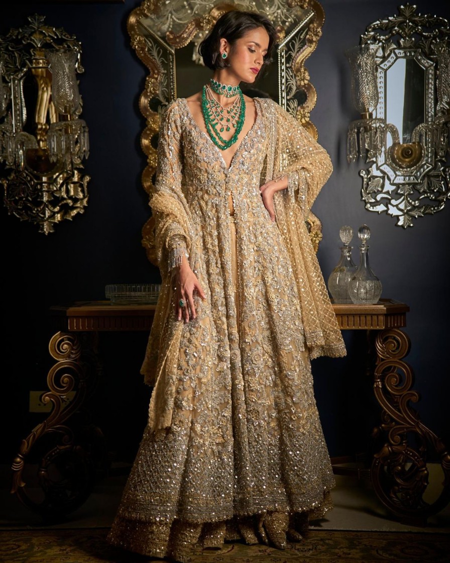 Bridal Seema Gujral | Nude Silver High-Low Sharara Set