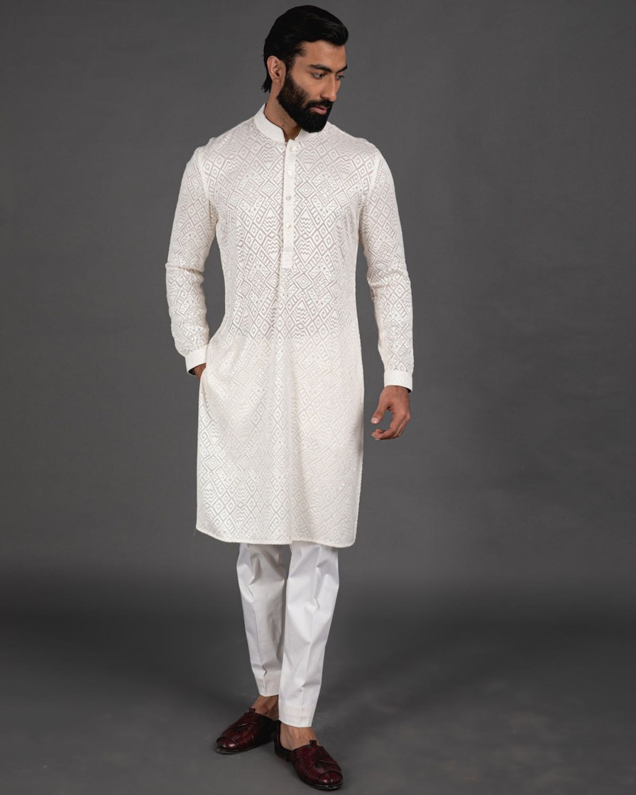 Mens Arjan Dugal | White Full Embroidered Kurta Set