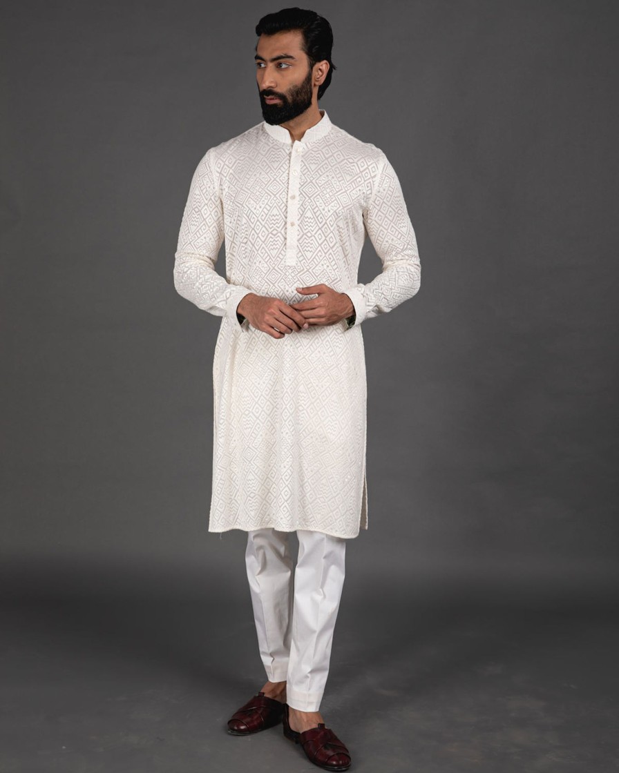 Mens Arjan Dugal | White Full Embroidered Kurta Set