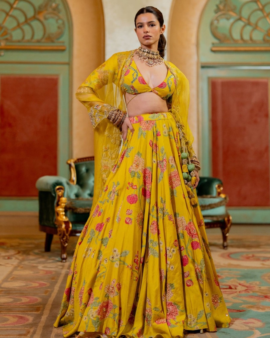 Womens Paulmi u0026 Harsh | Lime Yellow Floral Printed Lehenga Set