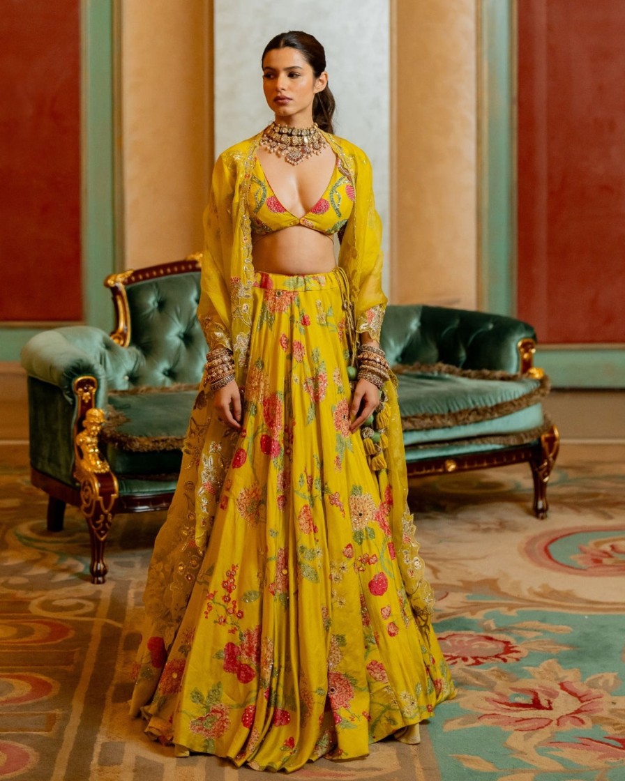 Womens Paulmi u0026 Harsh | Lime Yellow Floral Printed Lehenga Set