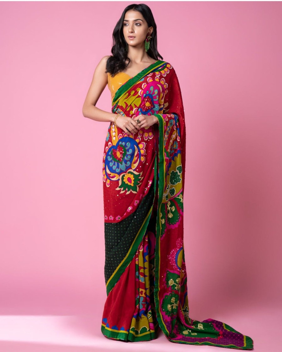 Womens Siddhartha Bansal | Royal Paisley And Salsa Red Embroidered Sari Set