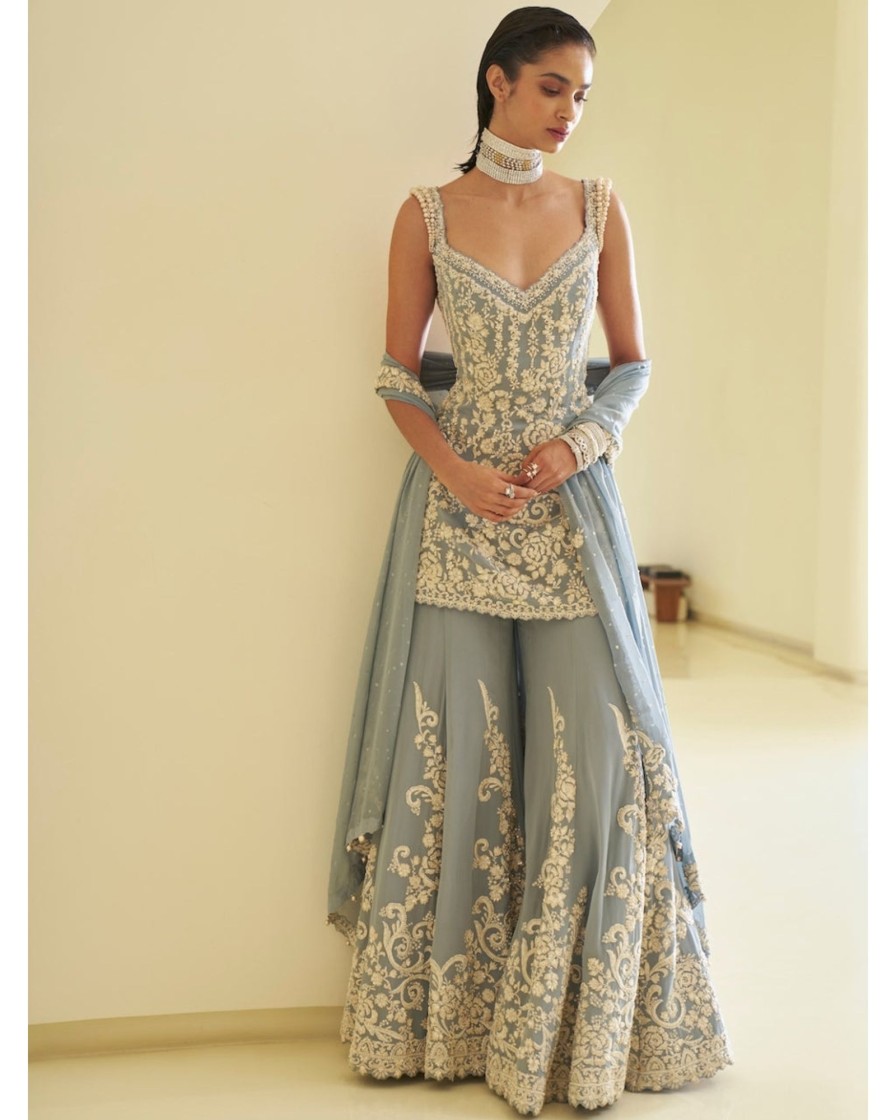 Bridal Seema Gujral | Blue Pearl Sharara Set