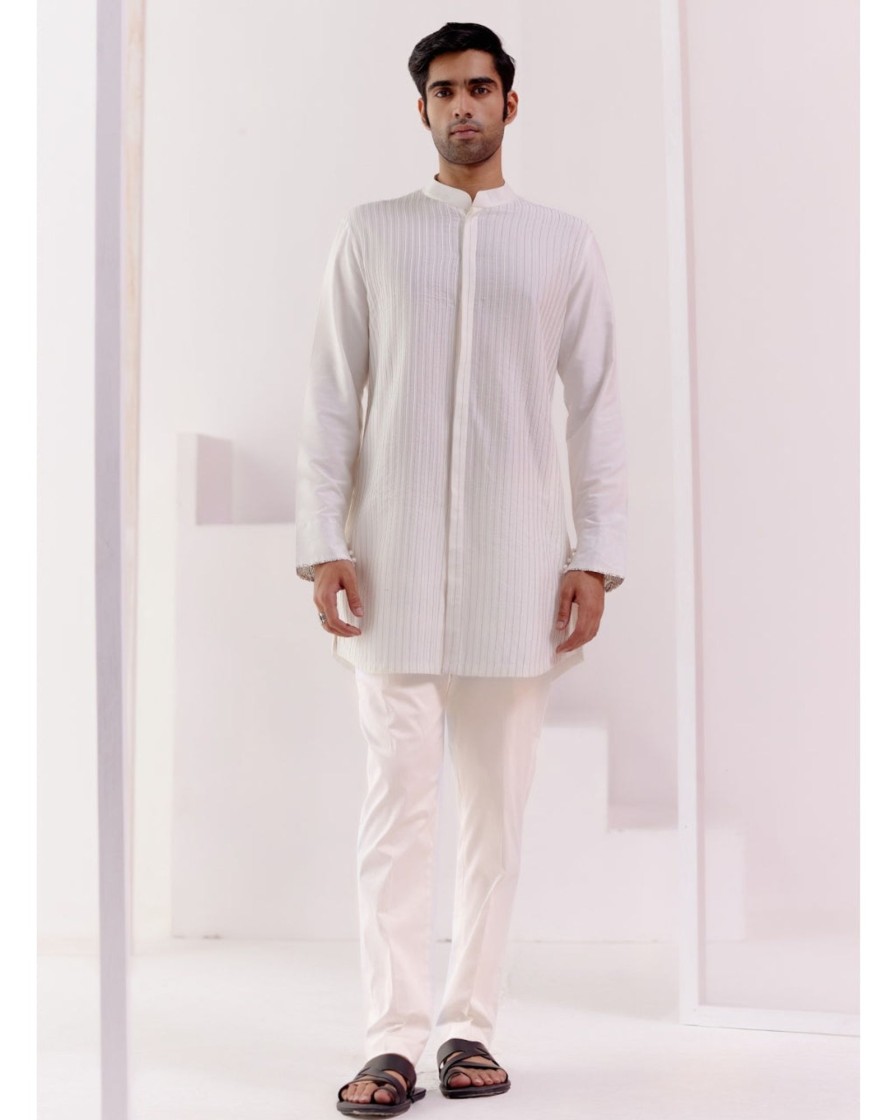 Mens Devnaagri Mens | Ivory Cotton Silk Blend Pin Tucks Kurta Set