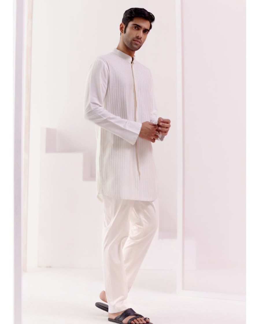 Mens Devnaagri Mens | Ivory Cotton Silk Blend Pin Tucks Kurta Set