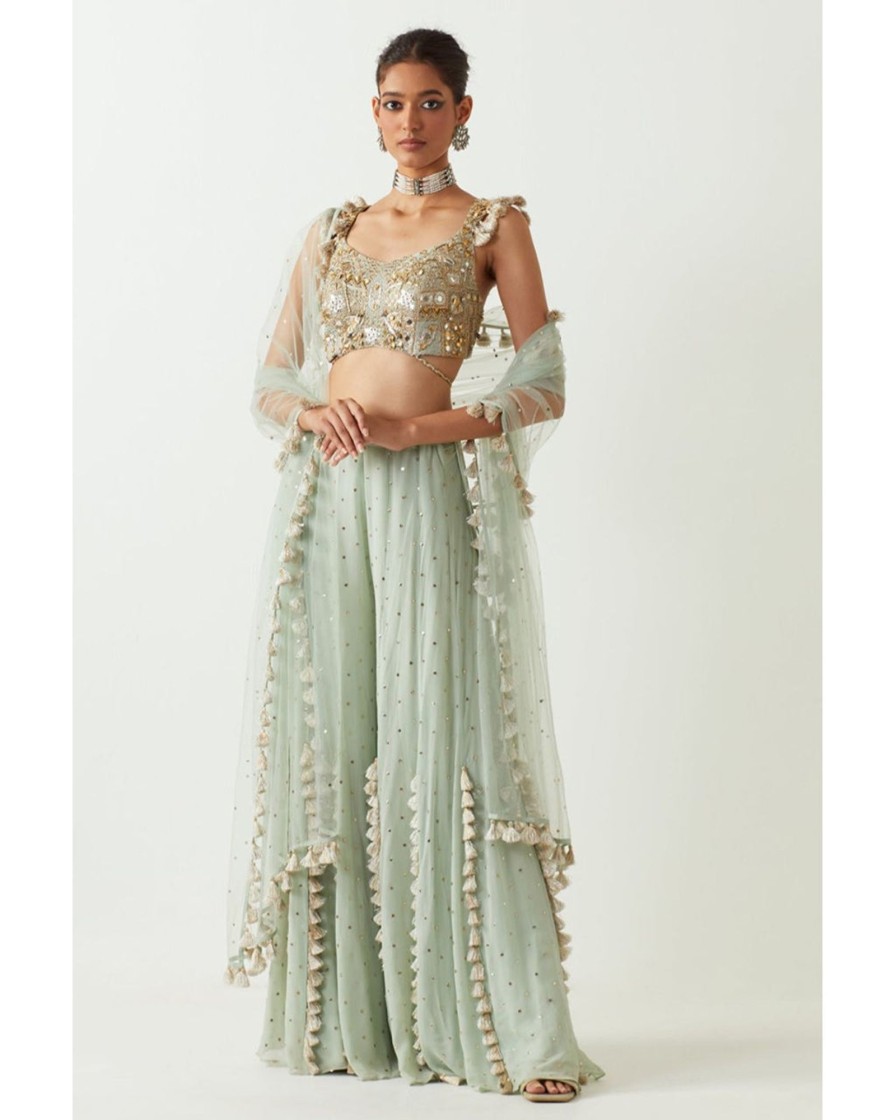 Womens Payal Singhal | Mint Embroidered Choli With Sharara And Dupatta